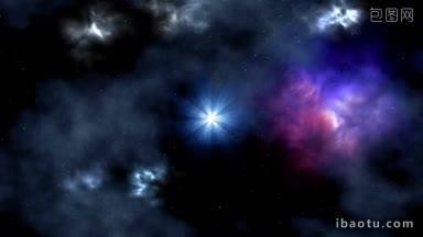 明亮的蓝色恒星在太空深处发光，星云周围的空间气体缓慢旋转